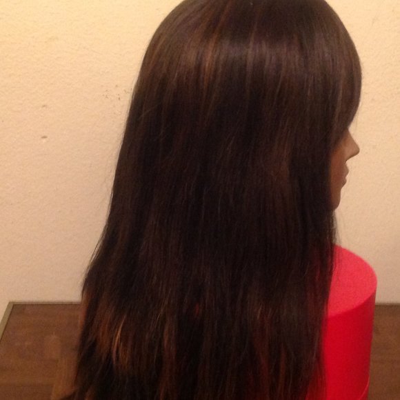 Medium Length Brown Synthetic Wig with Highlights - Picture 2 of 9